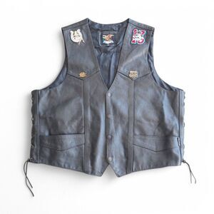 Jamin Leather Patch Pin Skull Cross Motorcycle Riding Vest Black Men's XXXL